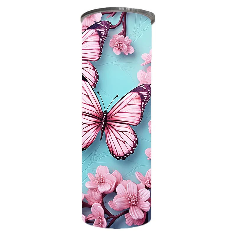 Butterflies - Pink and Baby Blue Design on Tumbler, Can, Flask, or Water bottle - Image 3