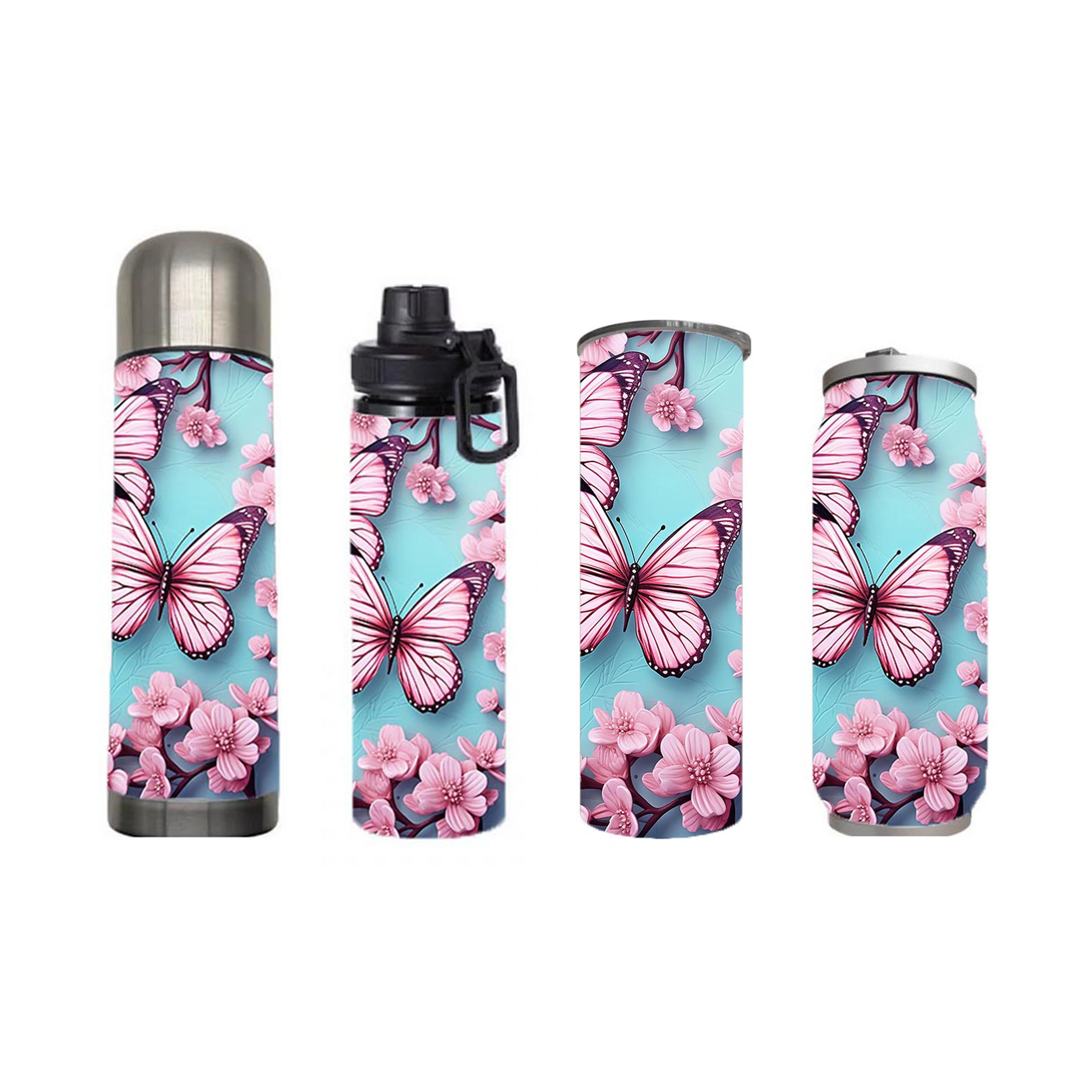 Butterflies - Pink and Baby Blue Design on Tumbler, Can, Flask, or Water bottle - Image 7