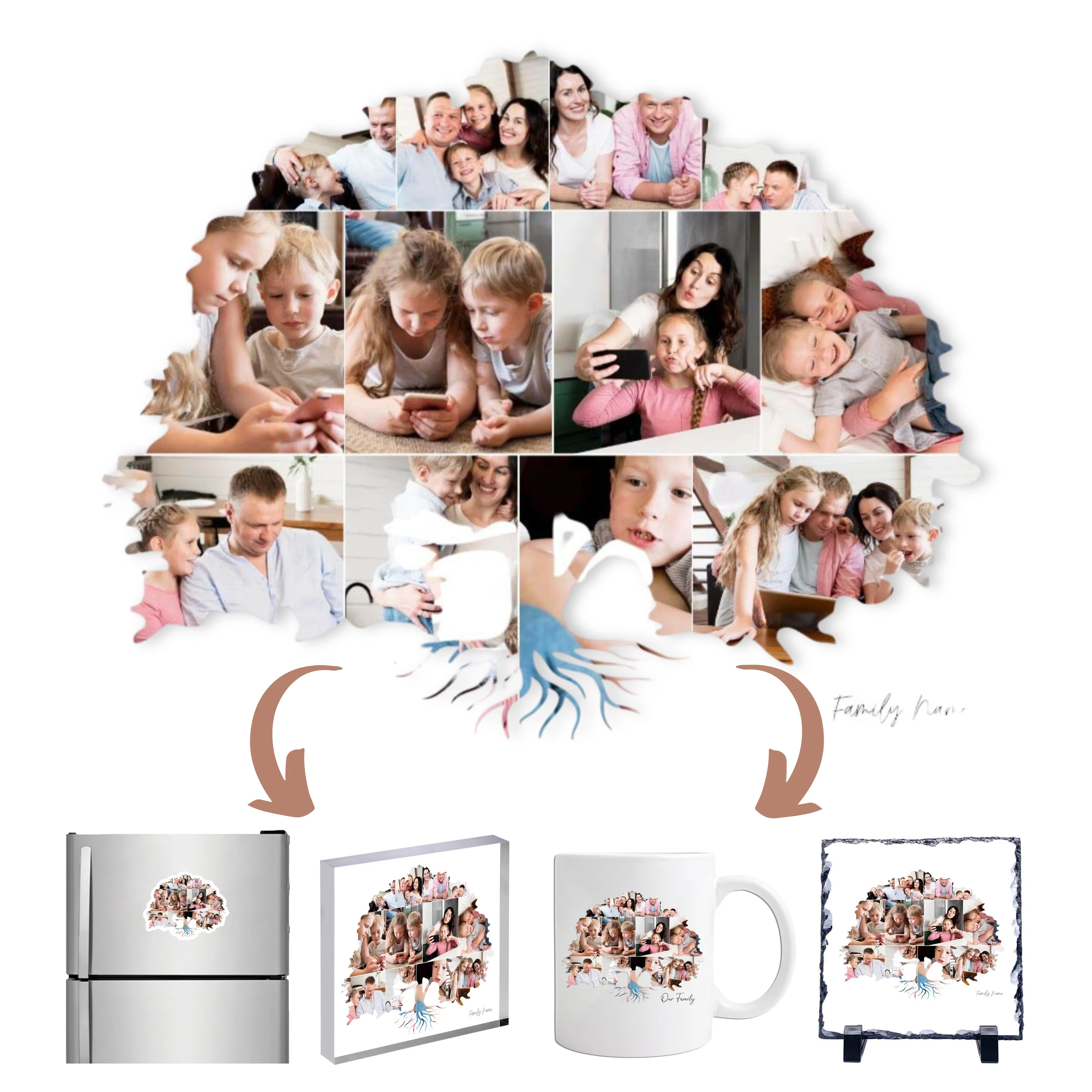 Family Tree Photo Collage on Acrylic, Slate, Mug or Magnet (12 Photos)