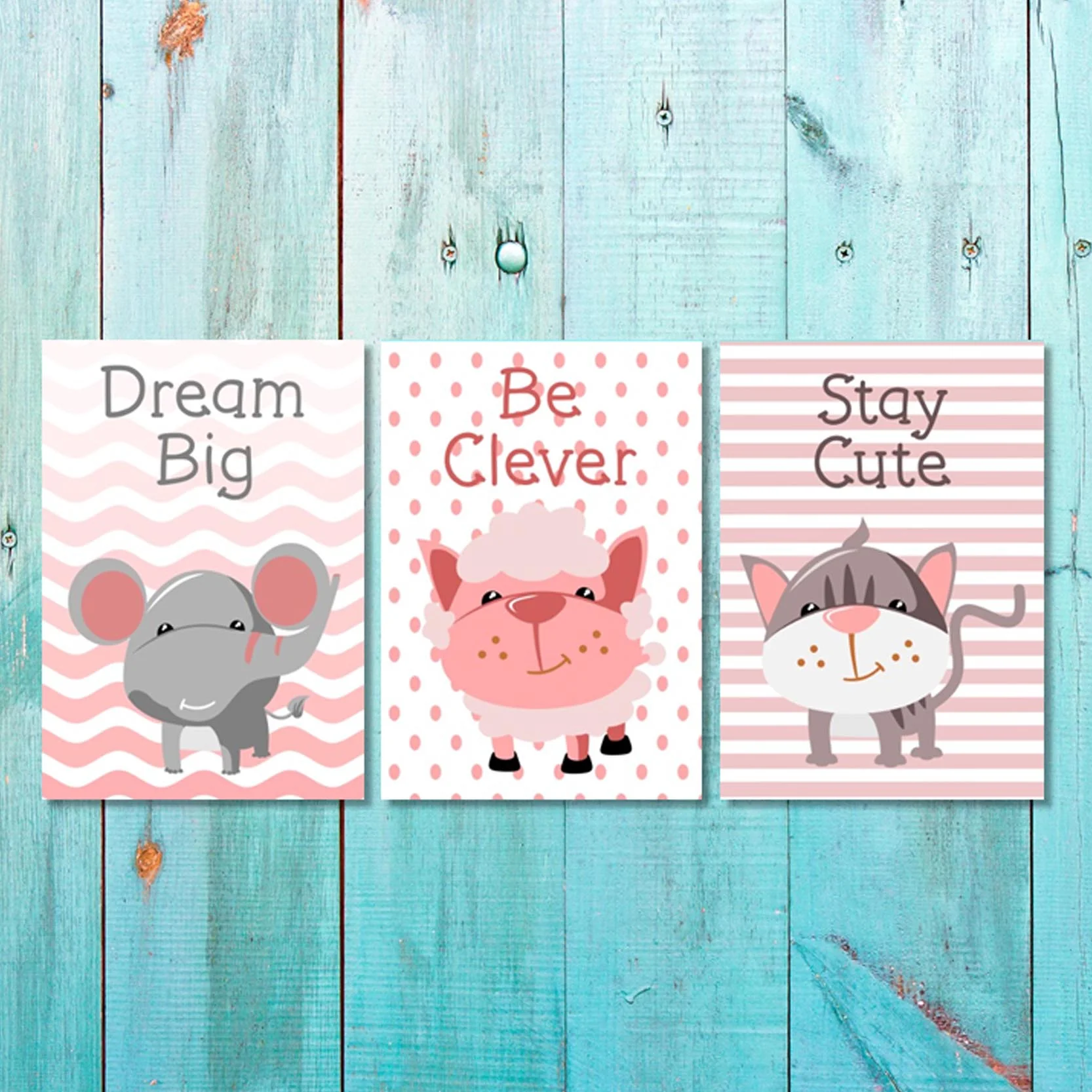 Girls: Set of 3 - Dream Big Elephant - Be Clever Sheet - Stay Cute Cat