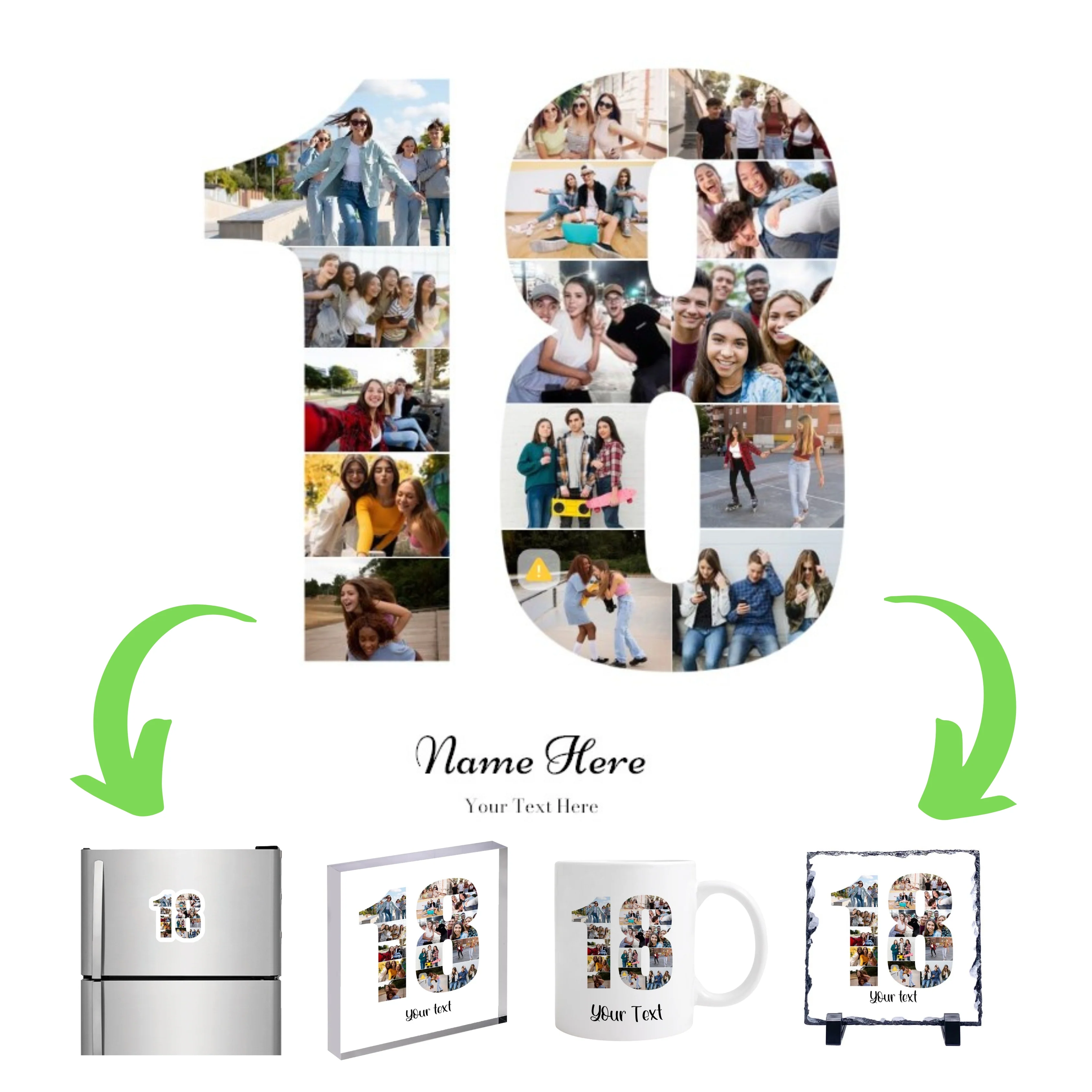 Personalised Number Photo Collage on Acrylic, Slate, Mug or Magnet (15 Photos) 18th BIRTHDAY