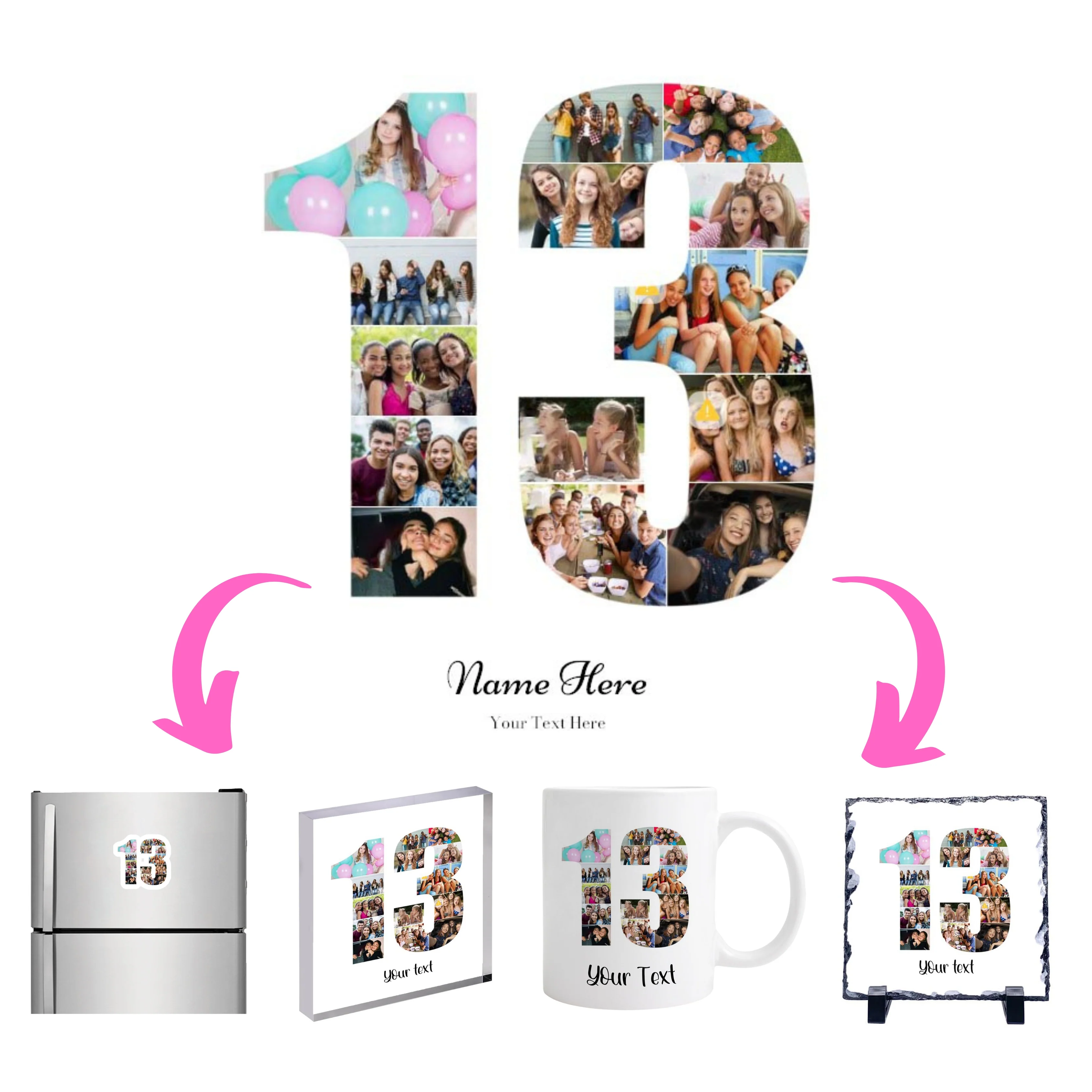 Personalised Number Photo Collage on Acrylic, Slate, Mug or Magnet (14 Photos) 13th BIRTHDAY