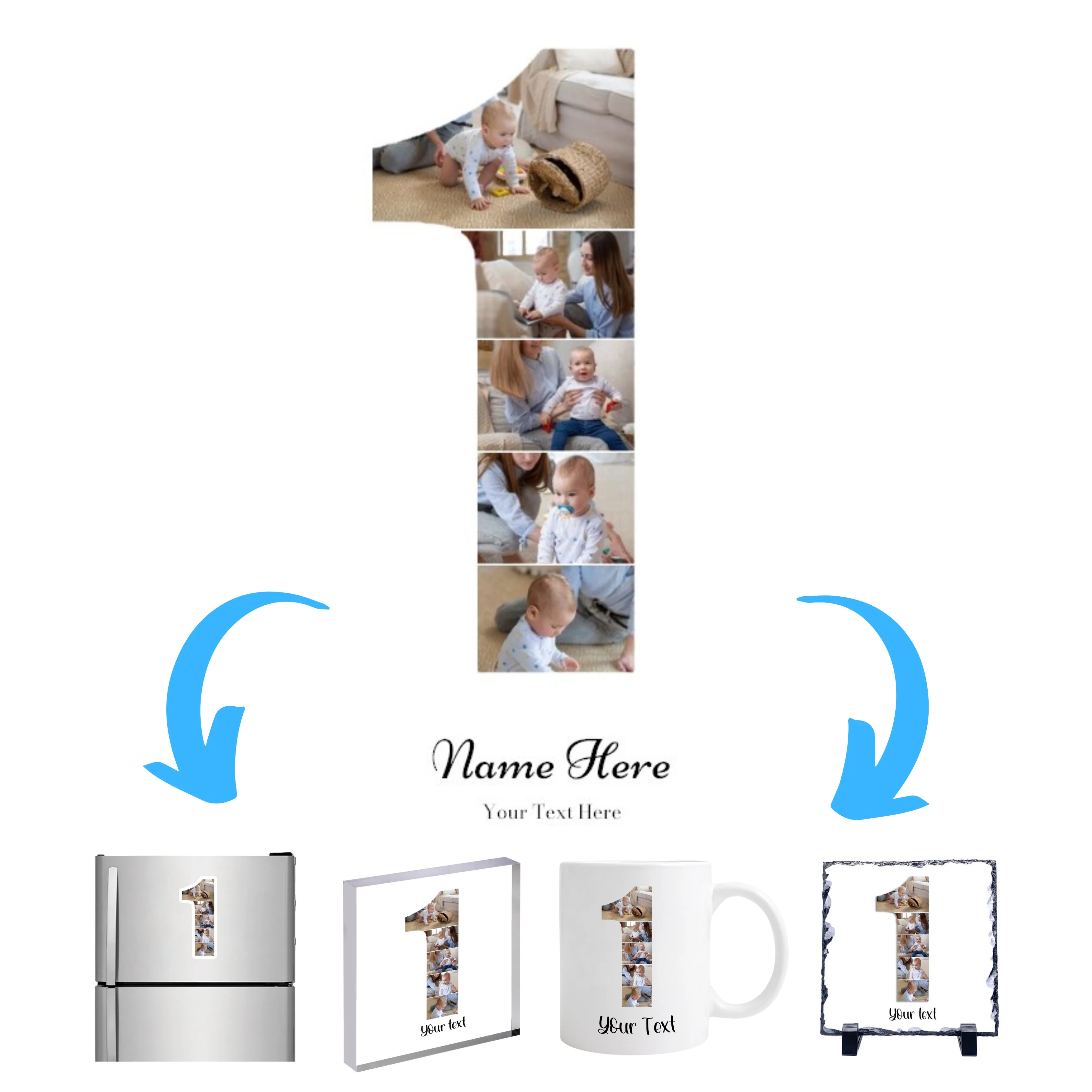 Personalised Number Photo Collage on Acrylic, Slate, Mug or Magnet (5 Photos) 1st BIRTHDAY