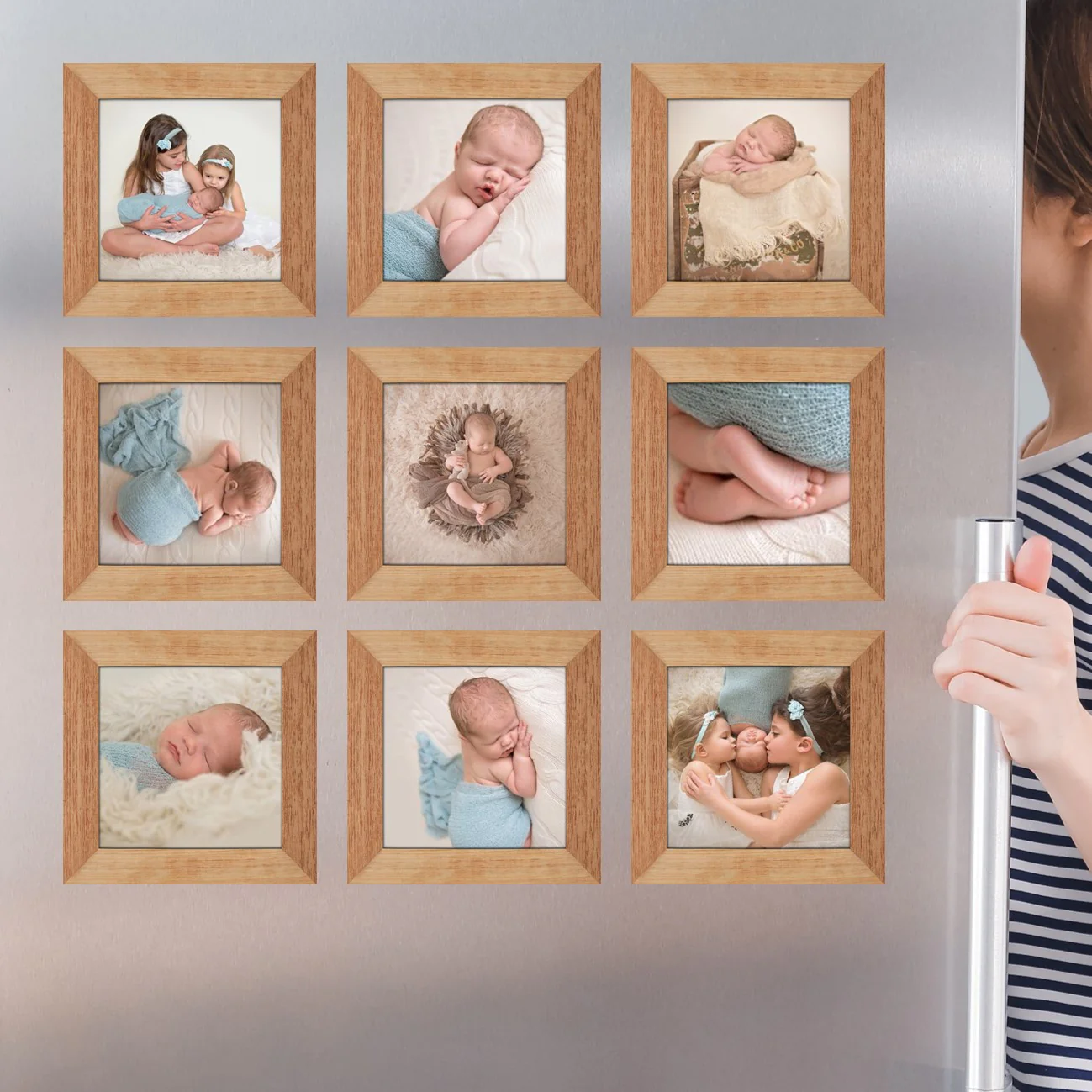 Square Virtual Framed Photo Magnets Set of 9 (Medium Wood Look-alike)
