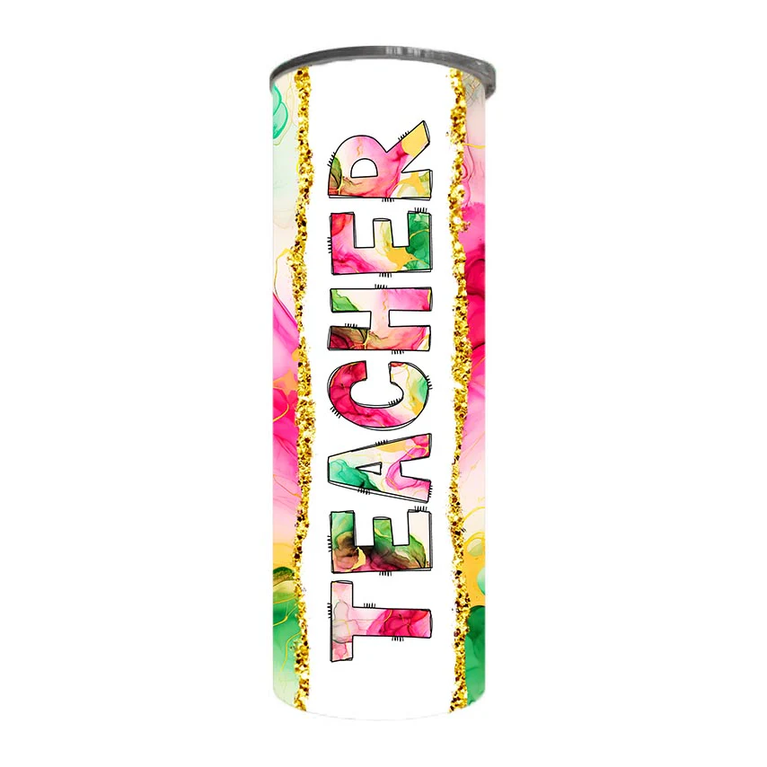 Teacher - Pink Green Alcohol Ink Teacher Design on Tumbler, Can, Flask, or Water bottle - Image 3