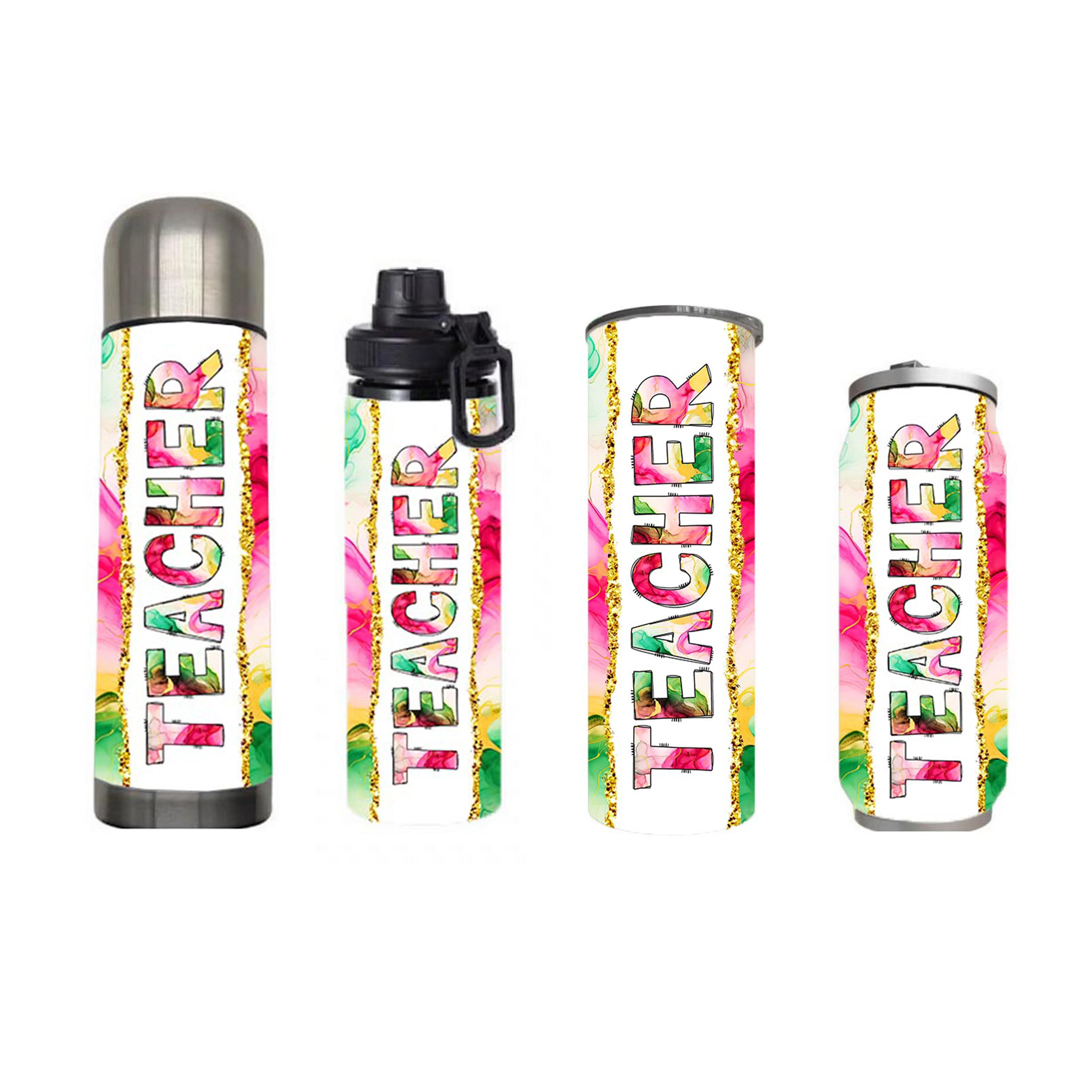Teacher - Pink Green Alcohol Ink Teacher Design on Tumbler, Can, Flask, or Water bottle - Image 7