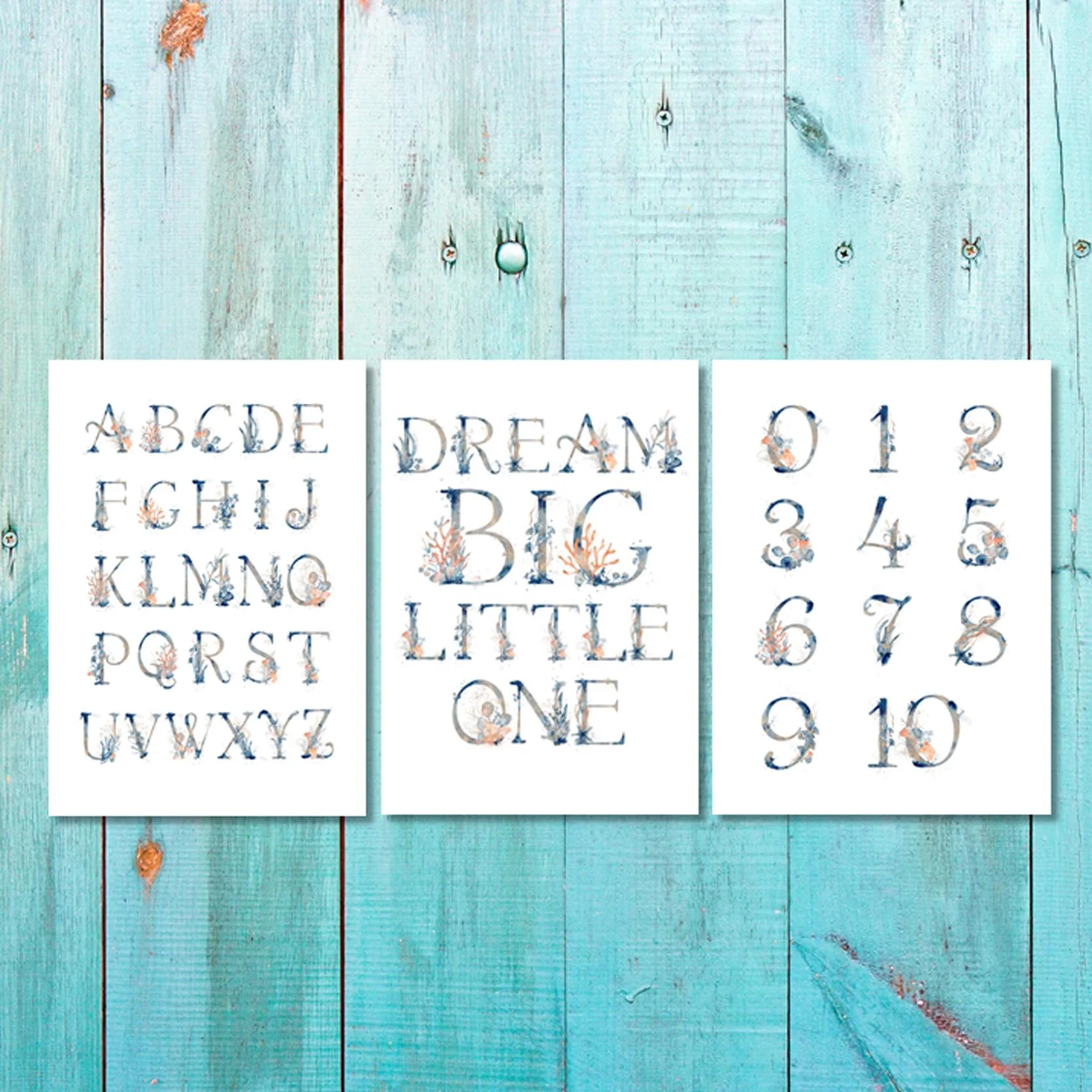 Unisex:  Set of 3 - Under the sea watercolor Alphabet & Numbers