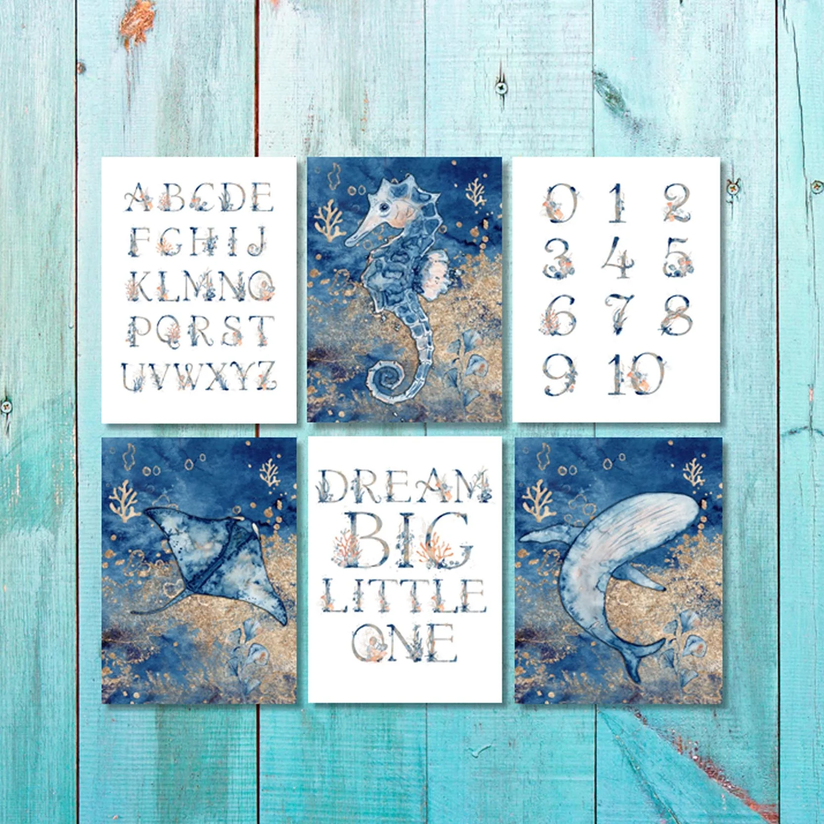 Unisex: Set of 6 - Under the sea watercolor Alphabet